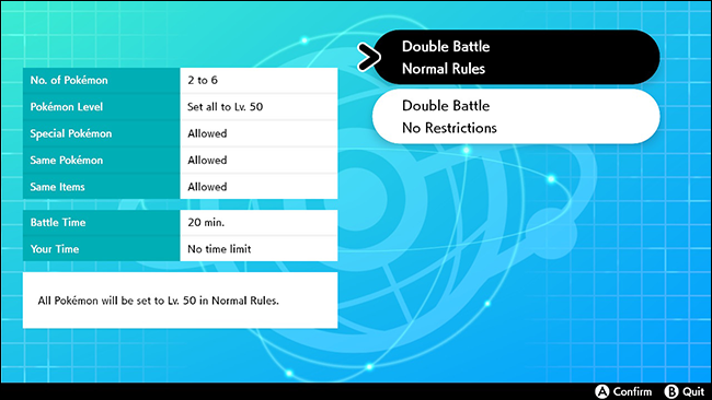 Экран выбора правил боя в Pokémon Sword и Shield