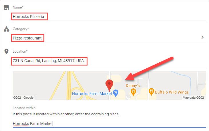 Форма с полями адреса и карты для нового места