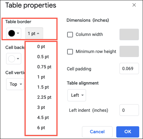 Изображение: выбор цвета и ширины границы таблицы