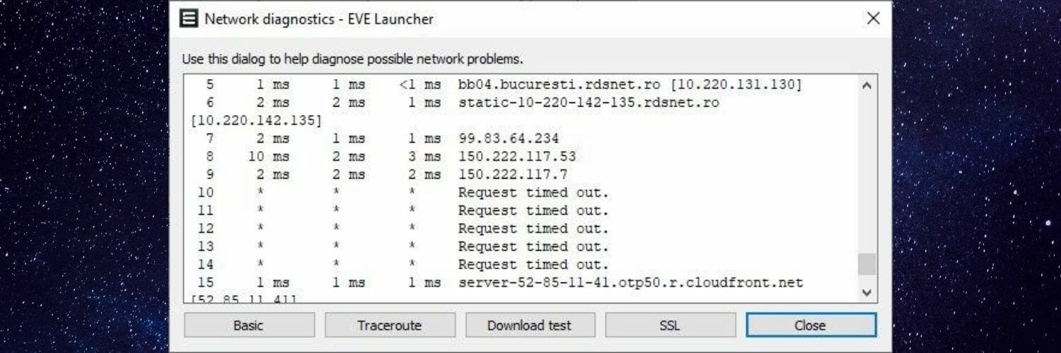 Скриншот: трассировка (traceroute) в сетевой диагностике EVE Online