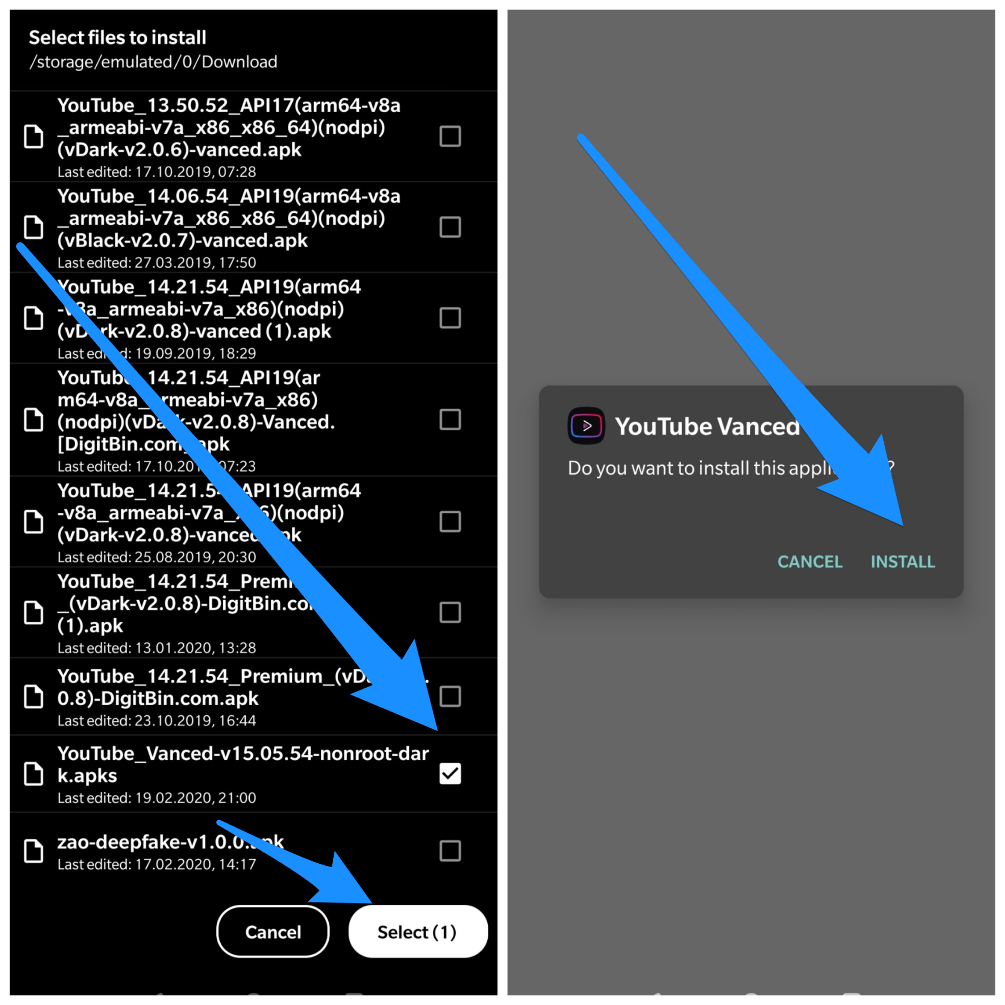 Установка YT Vanced через SAI, выбор apks файла