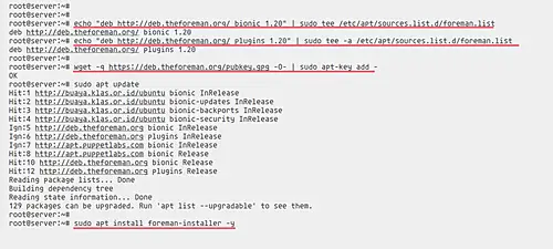 Процесс установки пакета foreman-installer в терминале