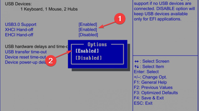 Опция XHCI Hand-Off — Включено (скриншот)