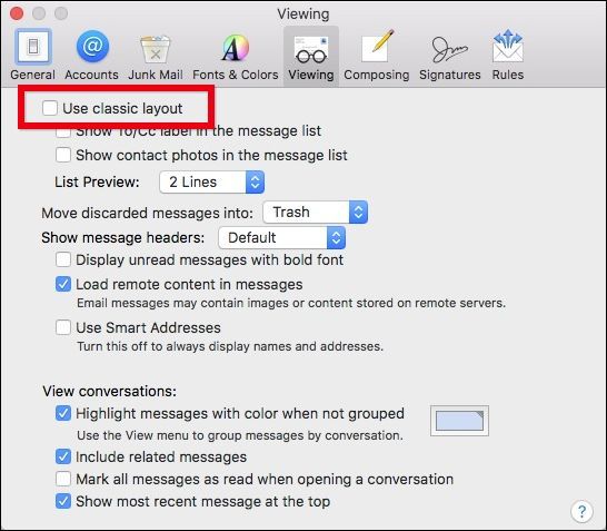 Опция Использовать классический интерфейс в настройках Mail