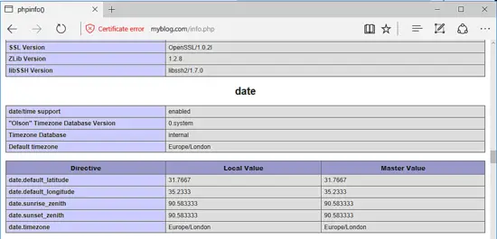 Страница phpinfo с настройкой timezone