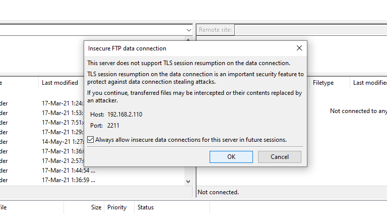 Предупреждение FileZilla о небезопасном соединении