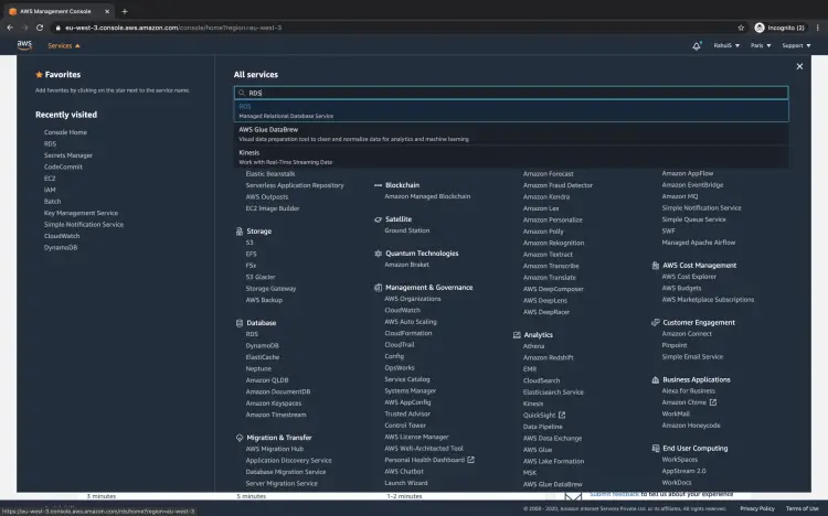 Поиск RDS в консоли AWS