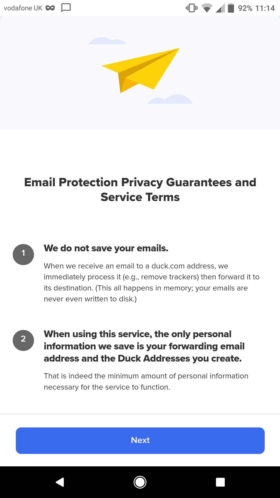 Скриншоты условий и интерфейса регистрации DuckDuckGo