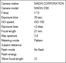 Фрагмент Exif: пример данных Nikon D90 для ночной съемки