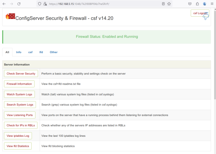 Панель управления CSF Web UI