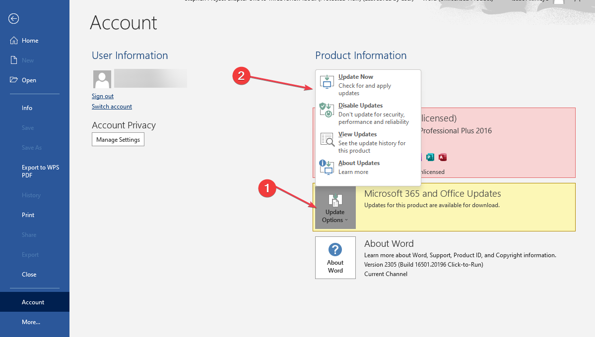 Опции обновления Office: Обновить сейчас