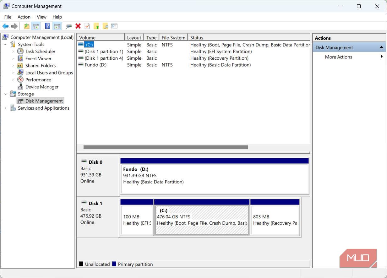 the Disk Management option in Computer Management