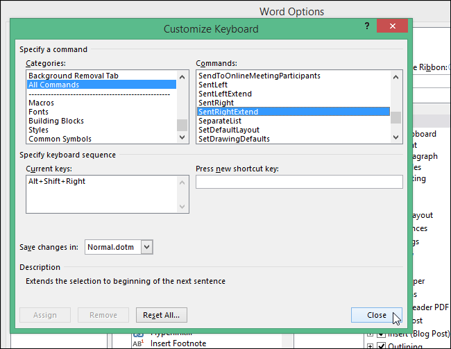 Закрытие окна настройки клавиш