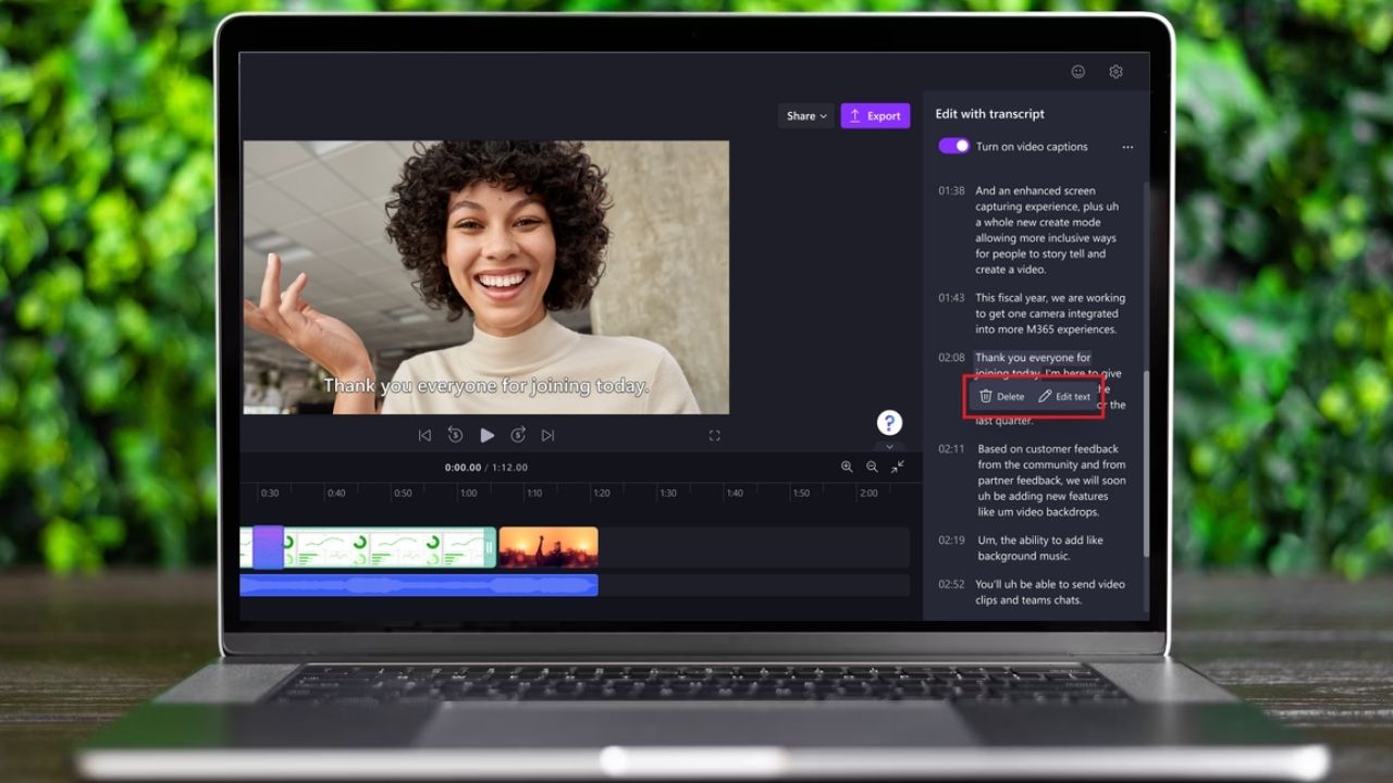 Обрезка видео в Clipchamp через транскрипт