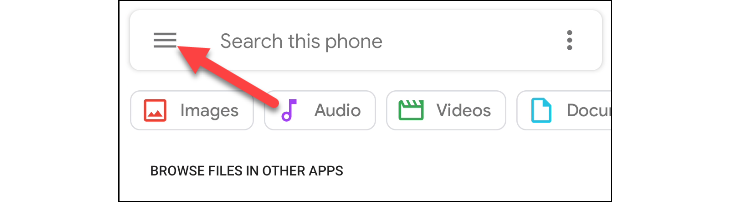 Стрелка указывает на иконку меню в файловом менеджере