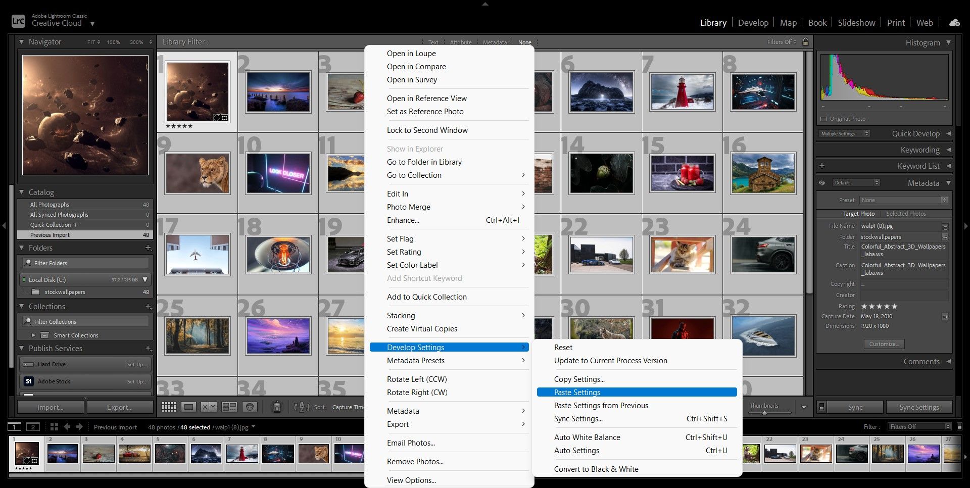 Вставка параметров Develop для выделенных фото