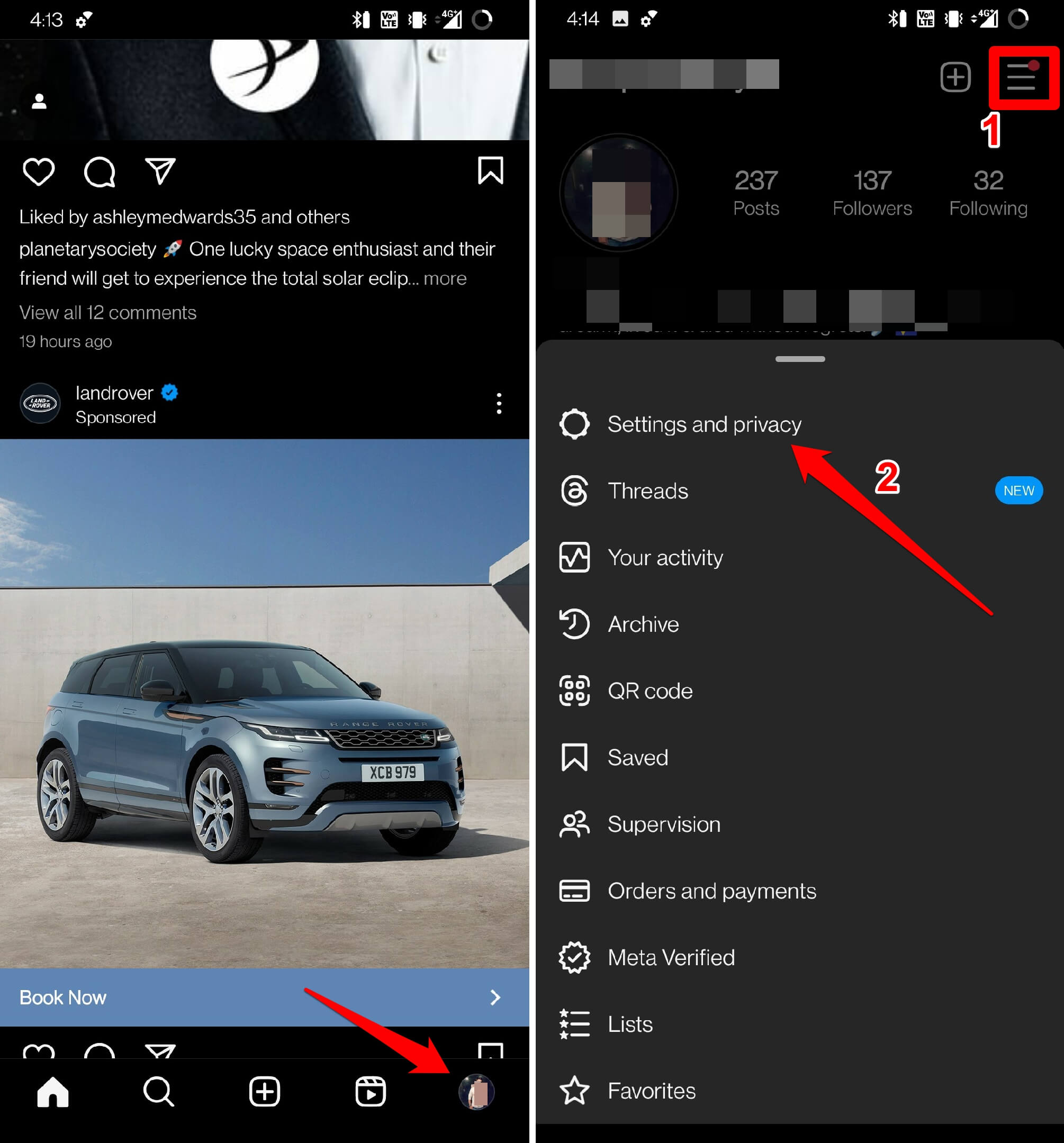 open Instagram settings and privacy