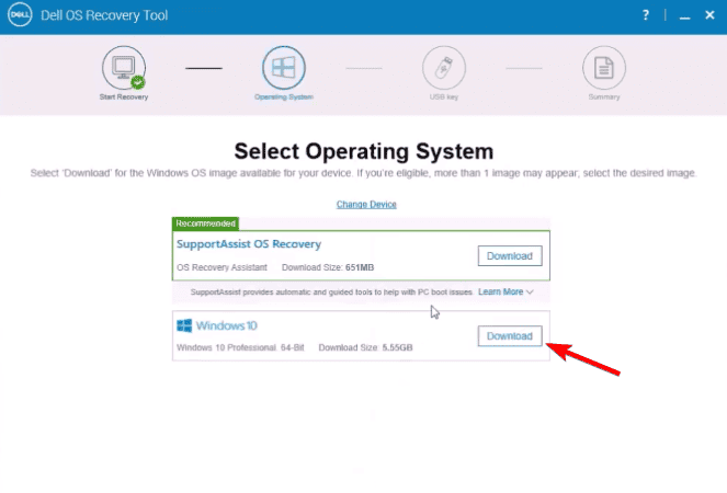 Интерфейс выбора образа в SupportAssist OS Recovery