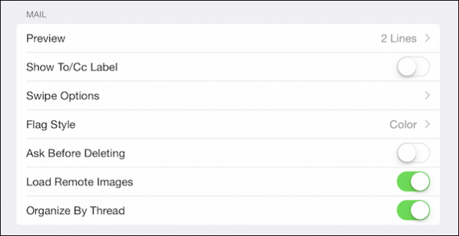 Параметры предпросмотра и группировки в настройках Почты