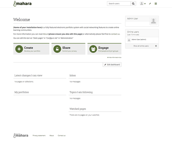 Административная панель Mahara после завершения установки