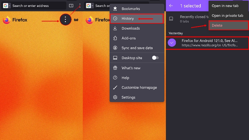 delete particular search history on mobile in firefox