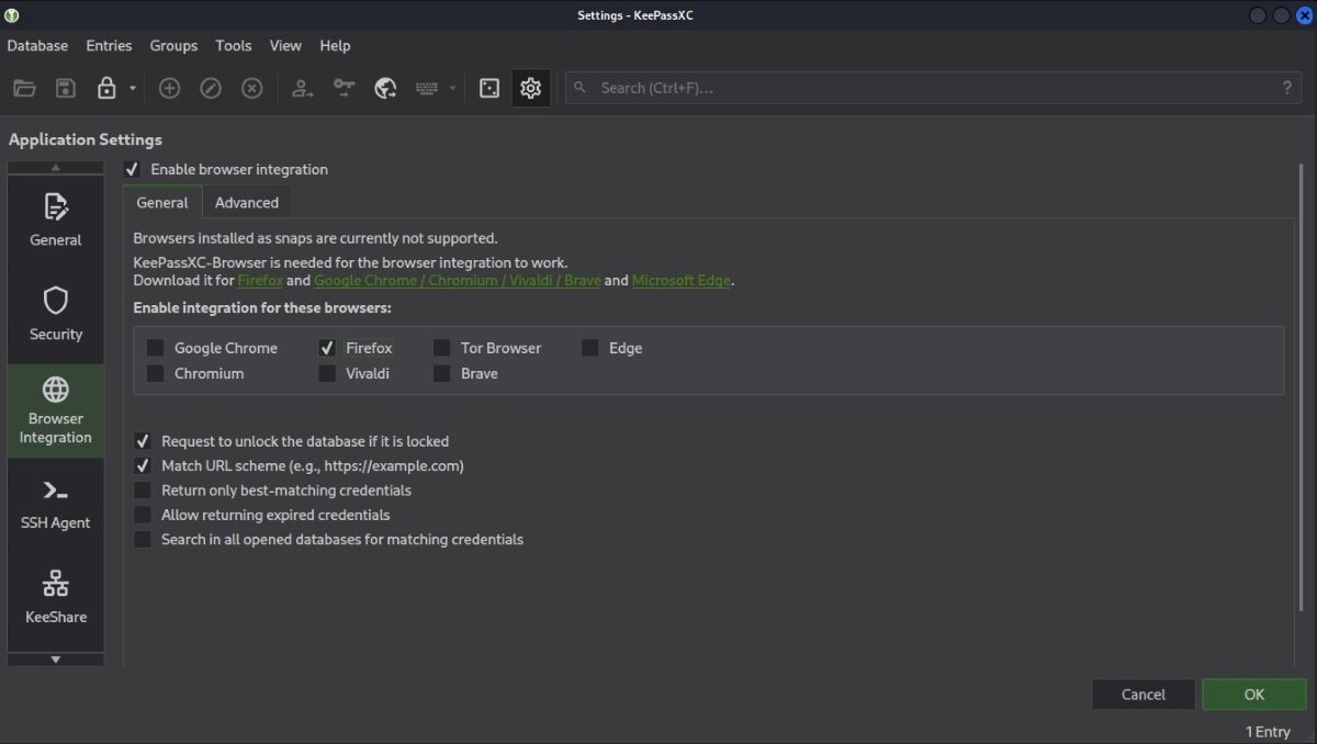 Окно настроек KeePassXC для включения интеграции с браузером