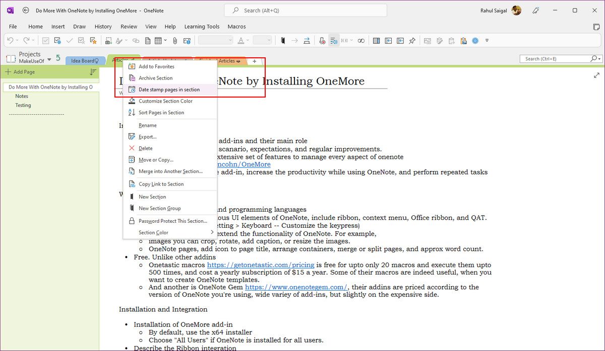 Дополнительные опции в контекстном меню OneMore