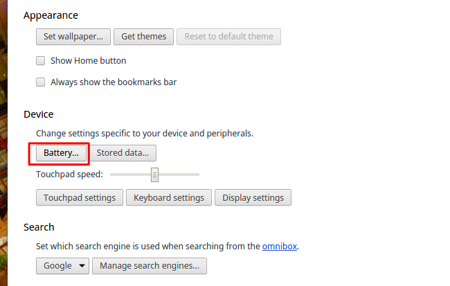 Параметры батареи в настройках Chrome OS