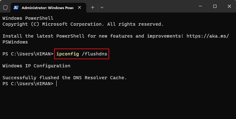 Выполнение ipconfig /flushdns в командной строке