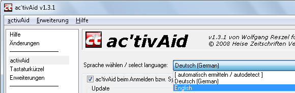 Выбор языка в меню ac'tivAid — переключение на English
