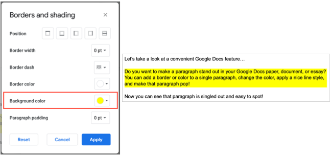 Выбор цвета фона абзаца