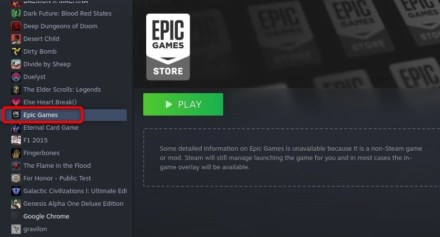 Ярлык Epic Games Launcher в библиотеке Steam.