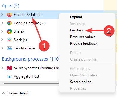 Контекстное меню для завершения задачи Firefox