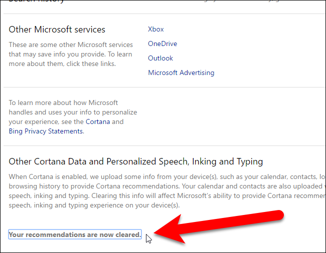 Сообщение о том, что рекомендации теперь очищены