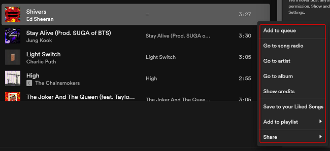 Меню дополнительных действий для элемента истории прослушиваний в Spotify с кнопкой троеточие