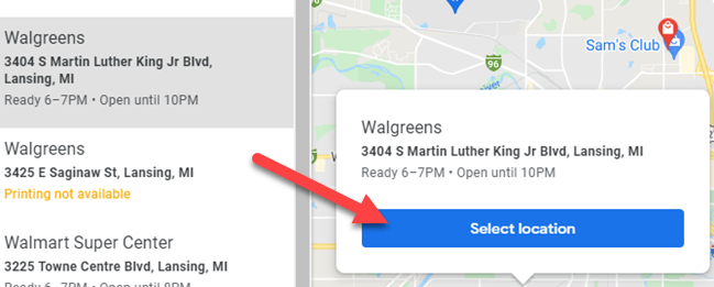 Выберите место самовывоза.