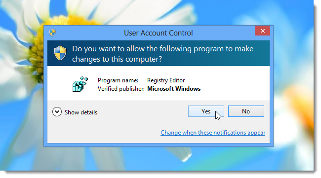 Диалог контроля учётных записей для regedit