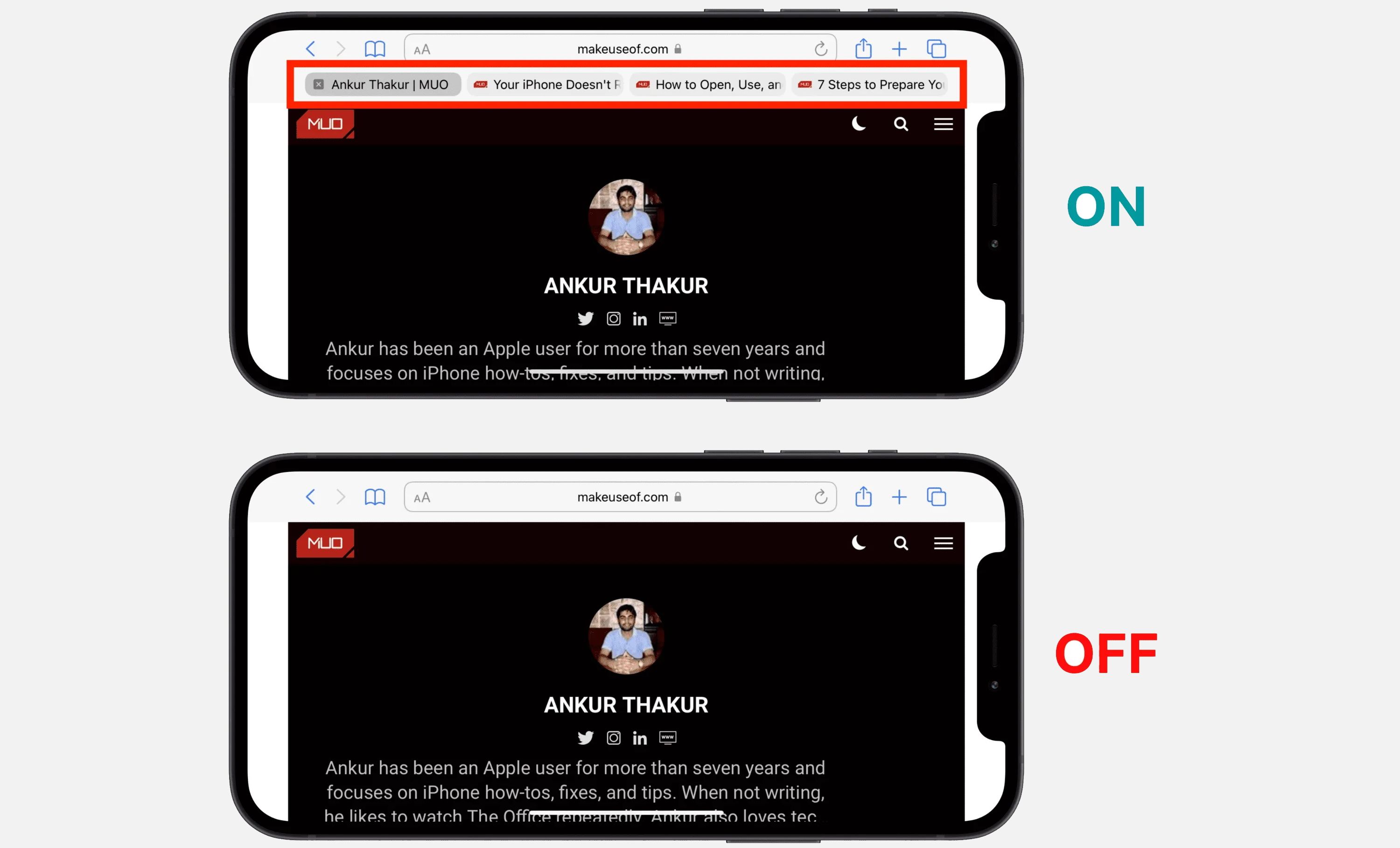 Сравнение: ландшафтная панель вкладок включена и отключена на iPhone