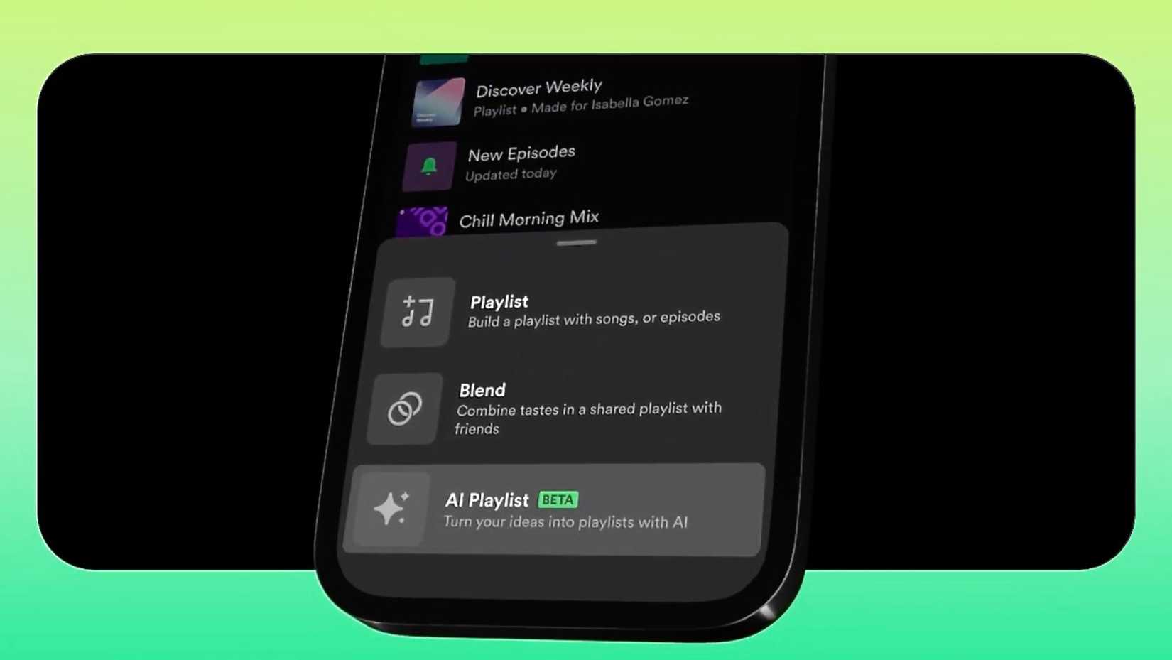 Экран смартфона с AI-плейлистом Spotify, иллюстрация результата генерации плейлиста.