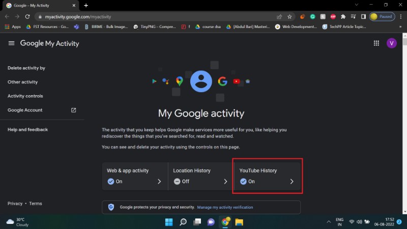 Скриншот: раздел История YouTube в My Activity