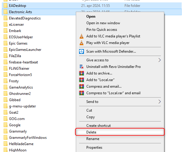 Удаление кэш-папок EADesktop и Electronic Arts.