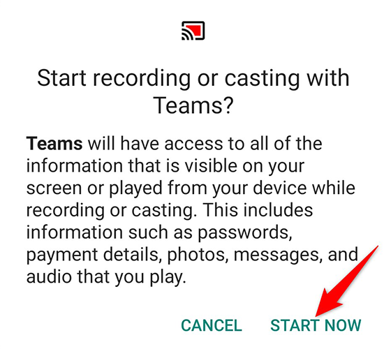 Кнопка «Start Now» в Teams на мобильном устройстве.
