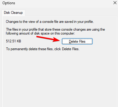Диалог опций Служб с кнопкой Удалить файлы