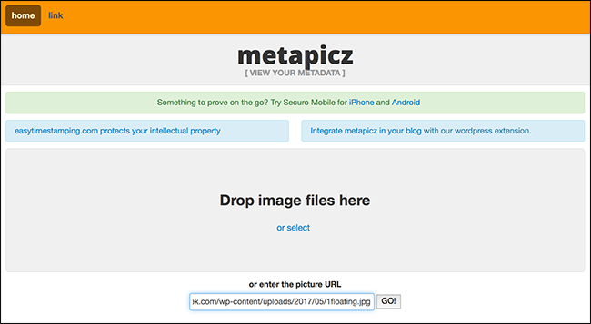 Интерфейс Metapicz с полем для вставки URL и кнопкой Go
