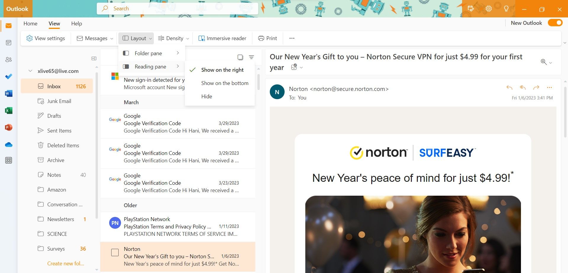 изменение компоновки outlook