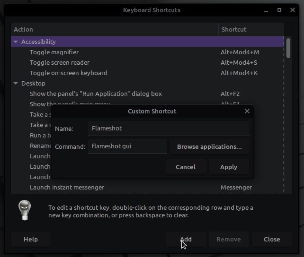 Назначение сочетания клавиш Flameshot