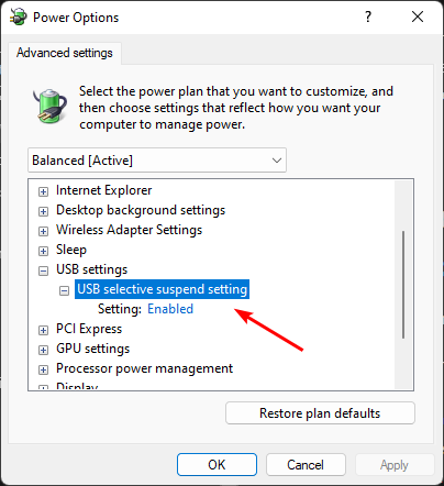 Отключение функции выборочной приостановки USB