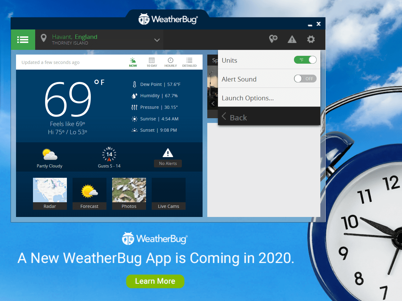 Опции единиц измерения в WeatherBug: Фаренгейт/Цельсий