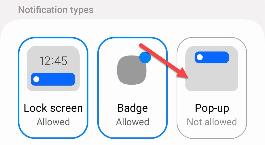 Настройки уведомлений приложения на Samsung с выключенной опцией «Pop‑up».