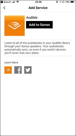 Кнопка 'Add to Sonos' на странице Audible